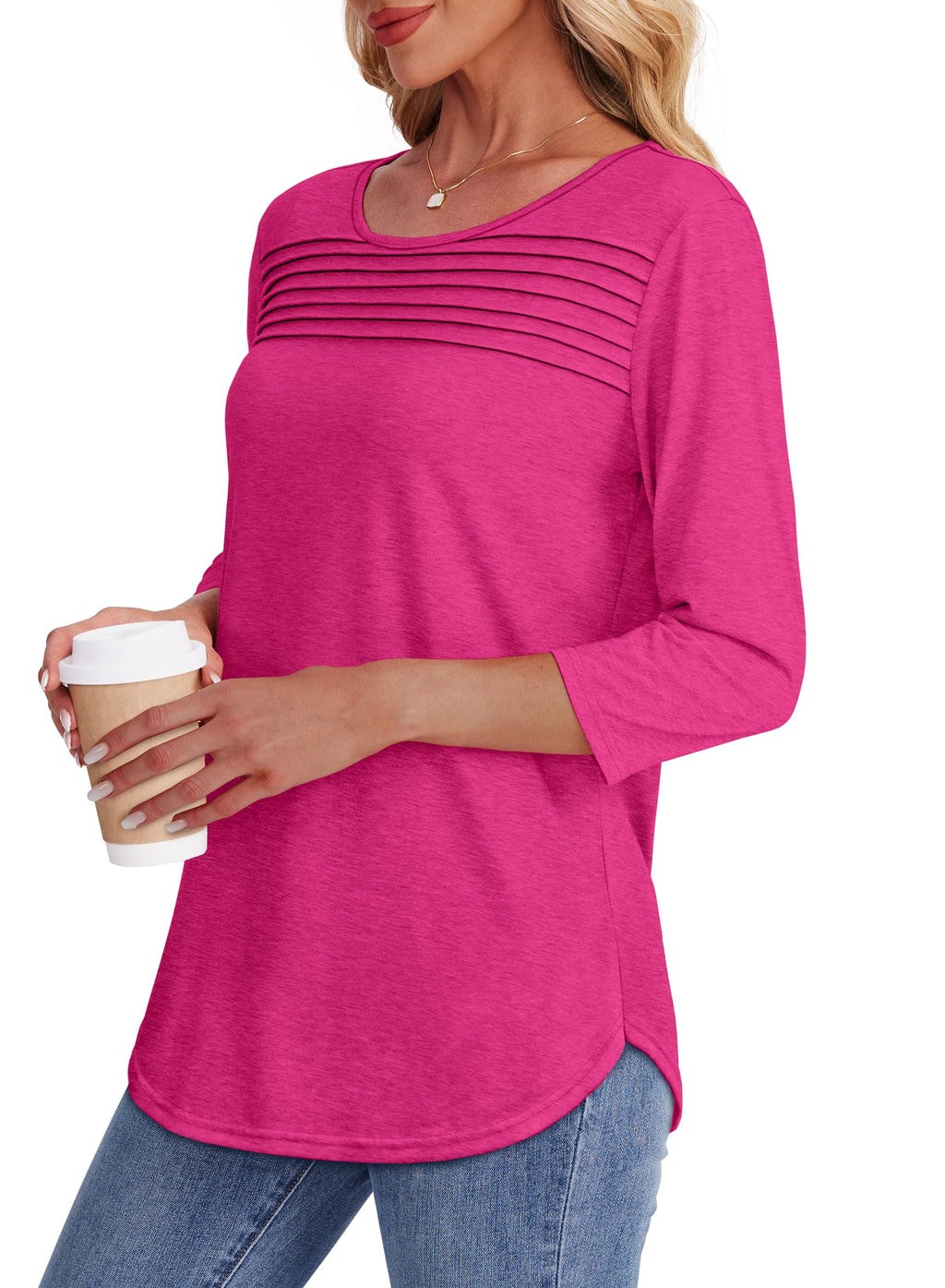 Women's 3/4 Length Sleeve Top Pleated Front T-Shirt (Buy 3 Free Shipping)