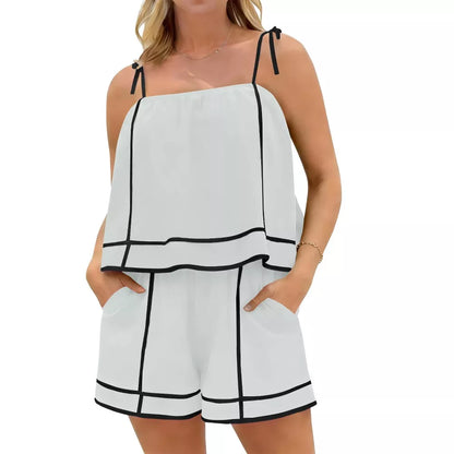 Color-block Spaghetti Strap Casual Shorts Set (With Pockets)