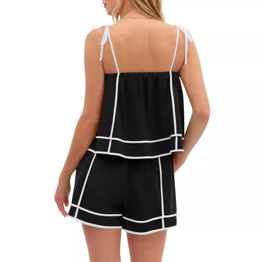 Color-block Spaghetti Strap Casual Shorts Set (With Pockets)