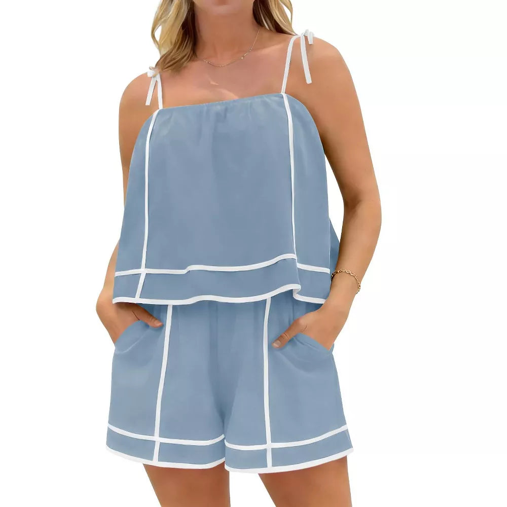 Color-block Spaghetti Strap Casual Shorts Set (With Pockets)