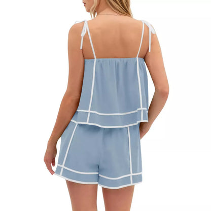 Color-block Spaghetti Strap Casual Shorts Set (With Pockets)