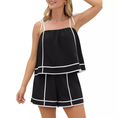 Color-block Spaghetti Strap Casual Shorts Set (With Pockets)