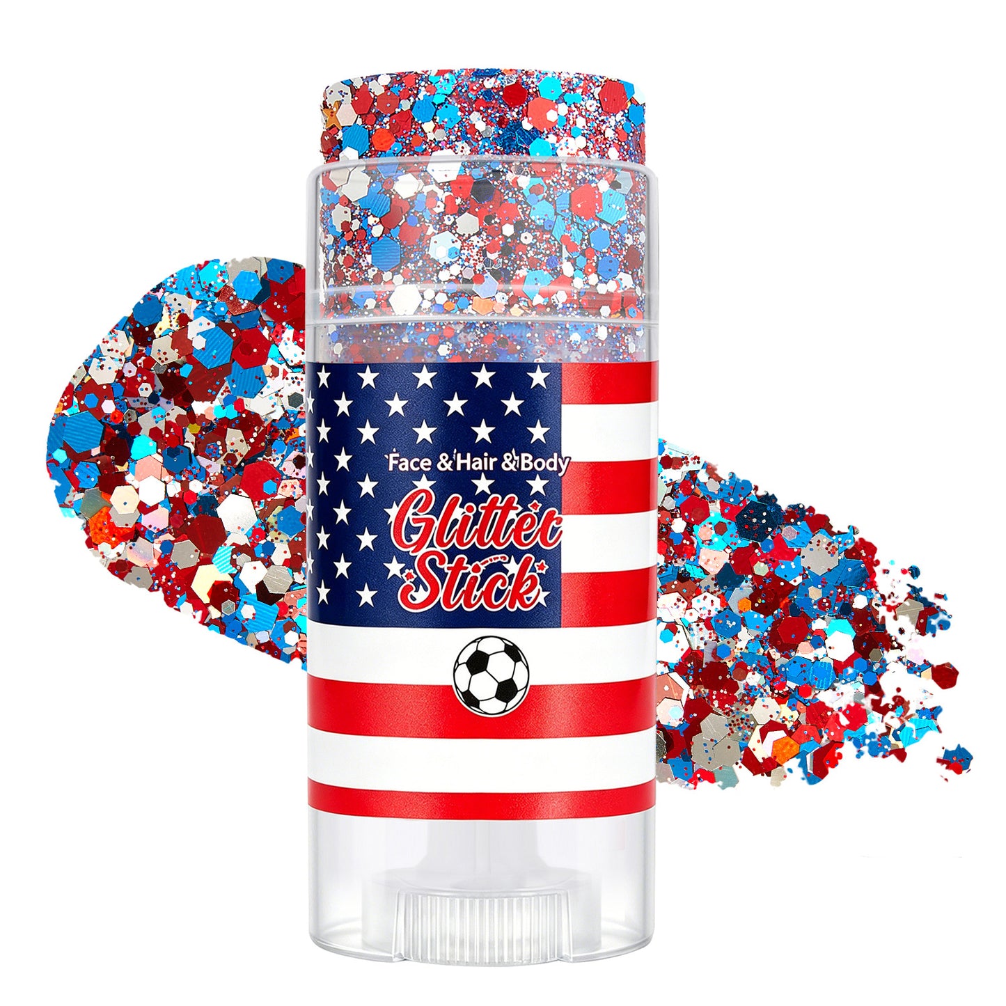 July 4th Independence Day: Star-shaped hair accessory, glitter stick, and sparkly makeup