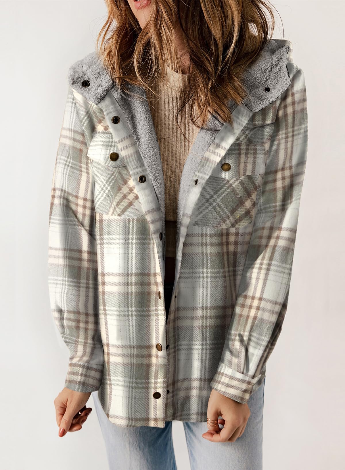 ⏰Hot Sale-Women's Thickened Flannel Long Sleeve Plaid Jacket Coat with Hood