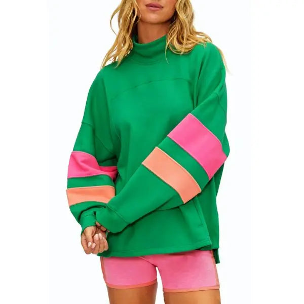 High Mock Neck Color Block Striped Long Sleeve Sweatshirt