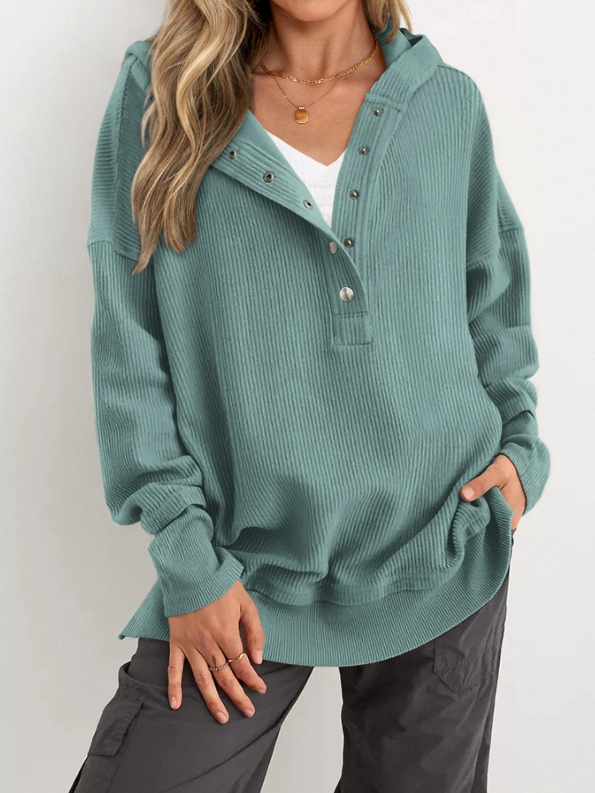 Hot Sale-Womens Long Sleeve Hoodie Oversized Button Up Sweatshirt Pullover Tops