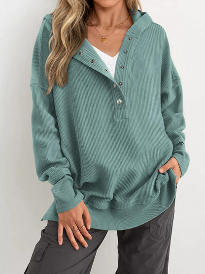 Hot Sale-Womens Long Sleeve Hoodie Oversized Button Up Sweatshirt Pullover Tops