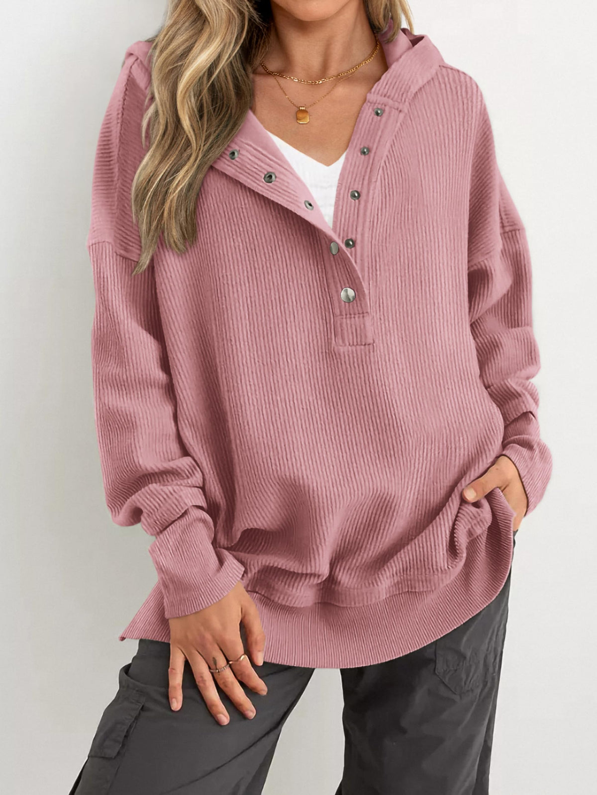 Hot Sale-Womens Long Sleeve Hoodie Oversized Button Up Sweatshirt Pullover Tops