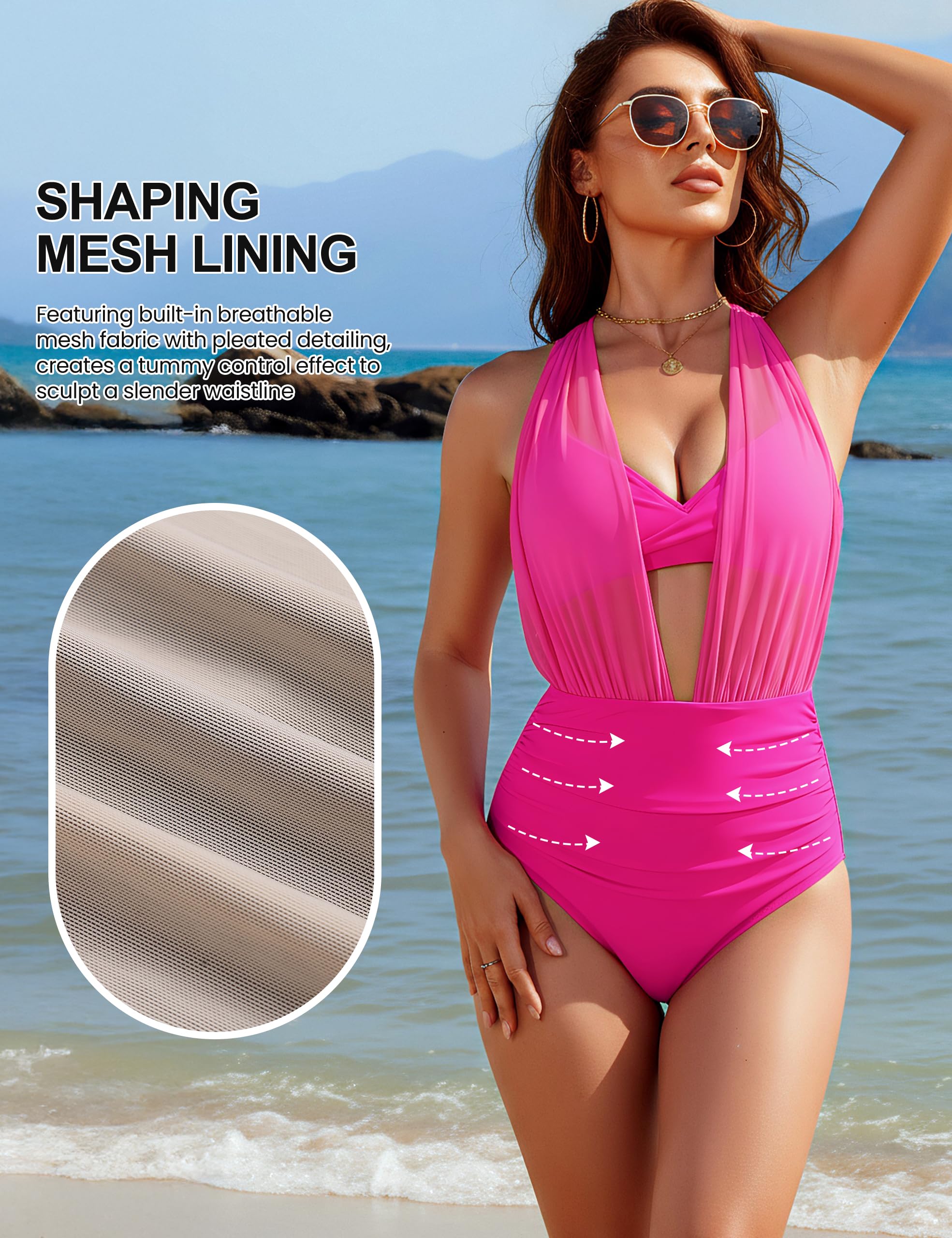 2026-Women Tummy Control High Waisted Two Piece Modest Mesh Swimsuits
