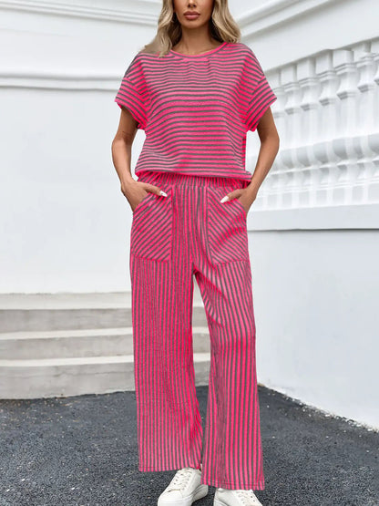 Striped Short Sleeve T-Shirts Wide Leg Pants Two Piece Set (Buy 2 Free Shipping)