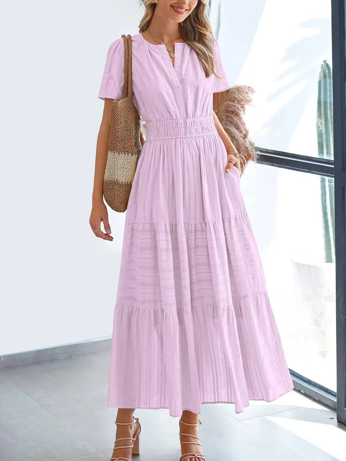 HOT SALE-Women's Lightweight Short Sleeve V Neck Elastic Waist Dresses