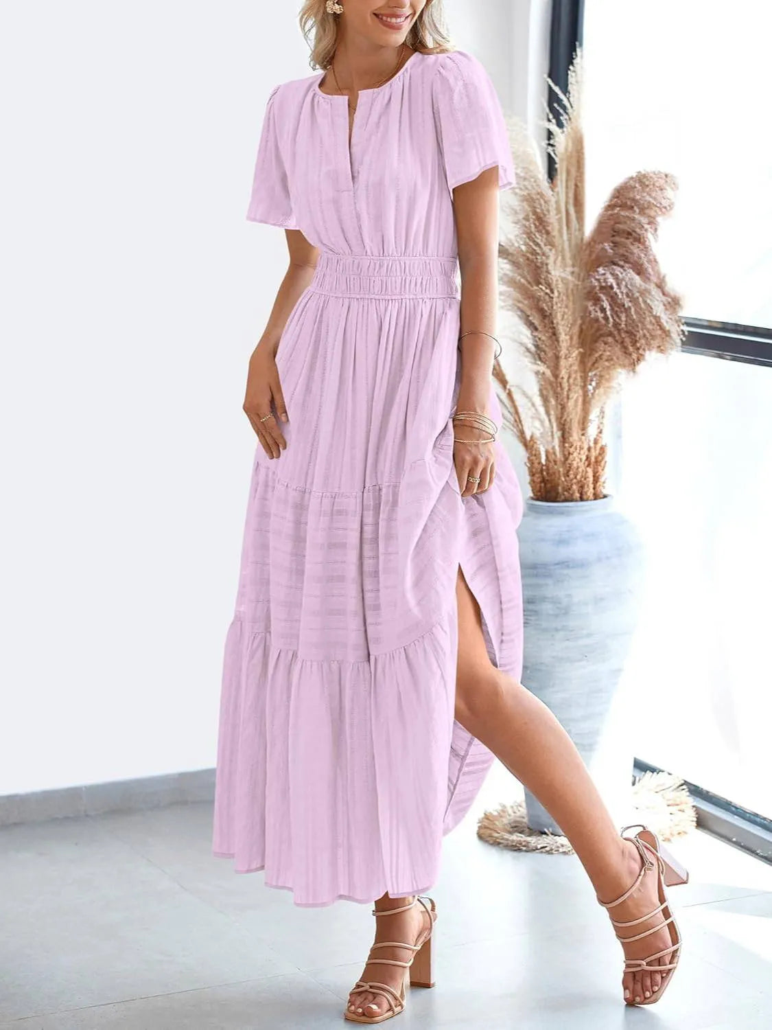 HOT SALE-Women's Lightweight Short Sleeve V Neck Elastic Waist Dresses