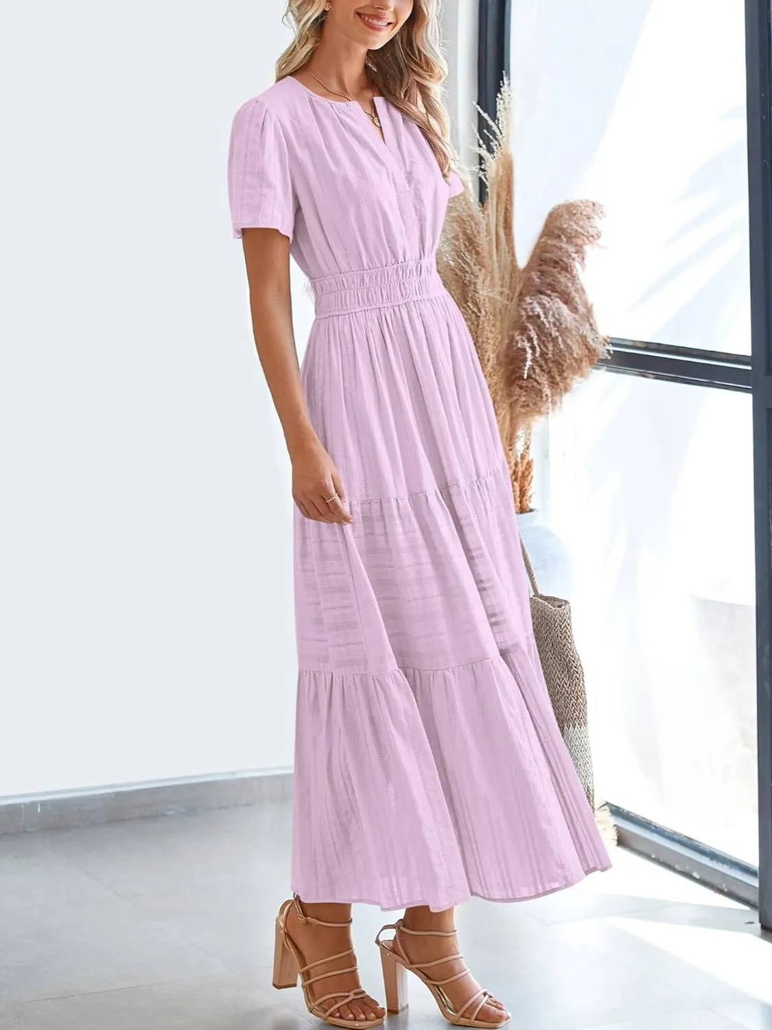 HOT SALE-Women's Lightweight Short Sleeve V Neck Elastic Waist Dresses
