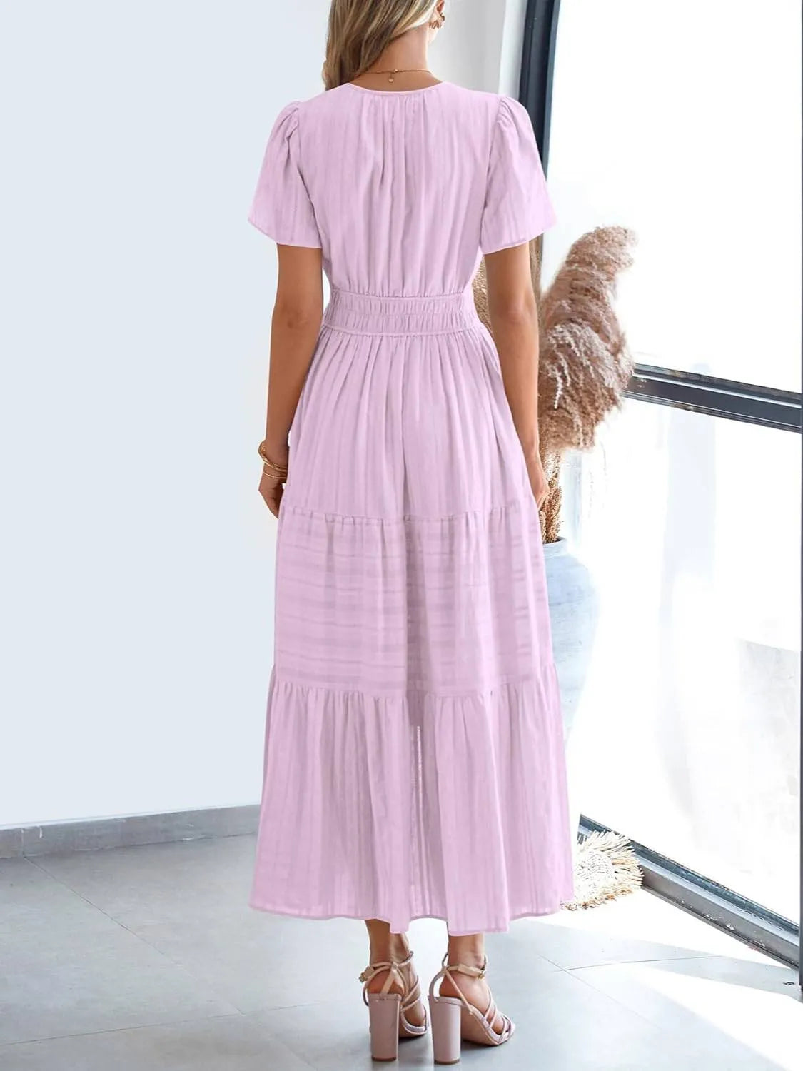 HOT SALE-Women's Lightweight Short Sleeve V Neck Elastic Waist Dresses