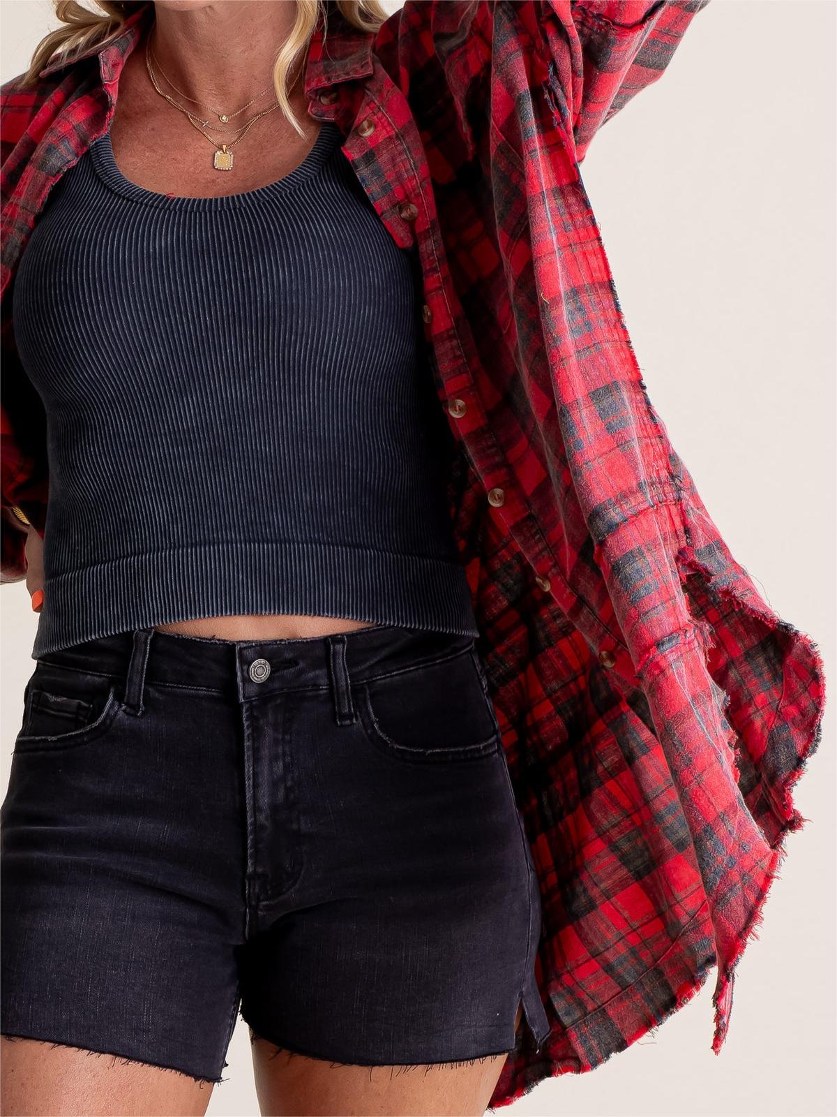 Women's Mineral Washed Button Down Plaid Flannel Shirt (Buy 2 Free Shipping)