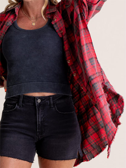 Women's Mineral Washed Button Down Plaid Flannel Shirt (Buy 2 Free Shipping)