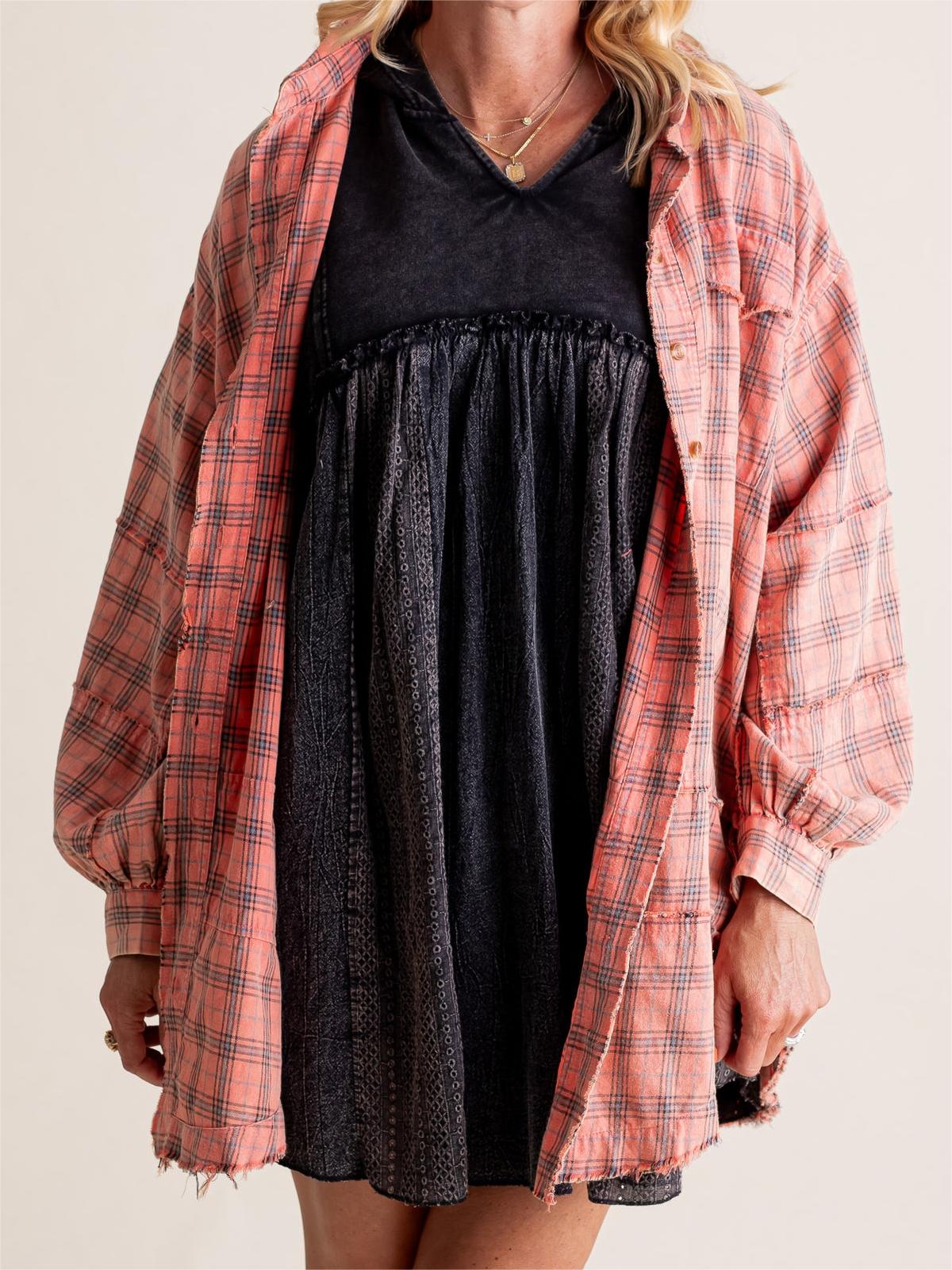 Women's Mineral Washed Button Down Plaid Flannel Shirt (Buy 2 Free Shipping)