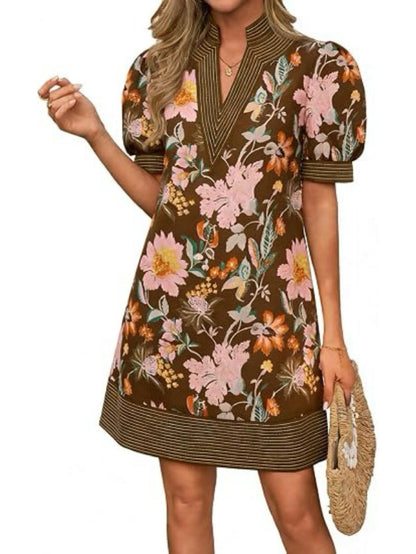 Women's Floral Stripe Trim Puff Sleeve Mini Dress