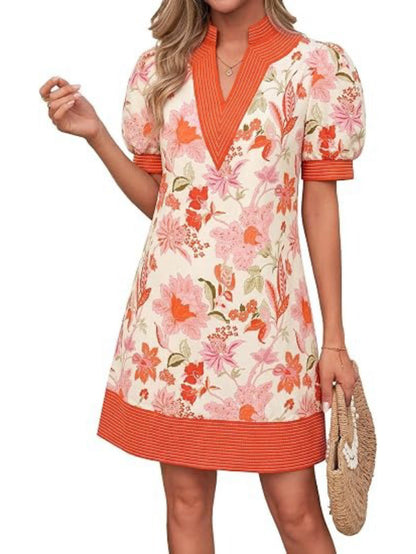 Women's Floral Stripe Trim Puff Sleeve Mini Dress