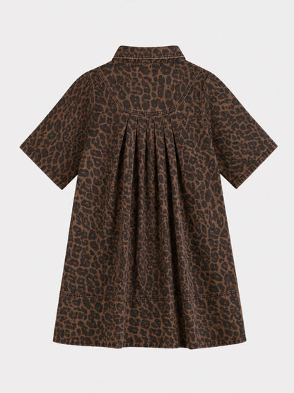 Leopard Print Half-Button Down Tunic Dress with Pocket
