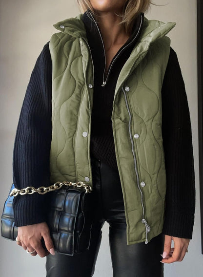 Quilted Zip Button Sleeveless Puffer Vest