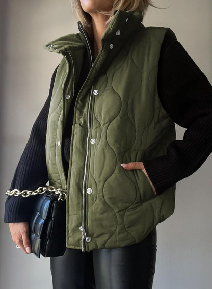 Quilted Zip Button Sleeveless Puffer Vest