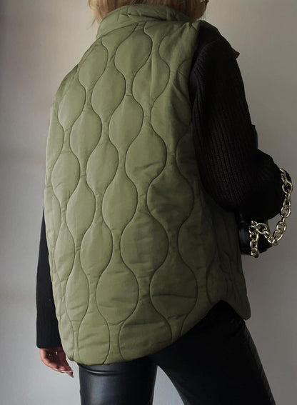 Quilted Zip Button Sleeveless Puffer Vest