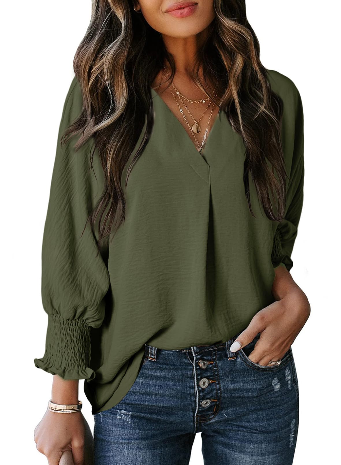 Limited time sale 🔥Womens Casual 3/4 Sleeve V Neck Loose Fit Basic Tees