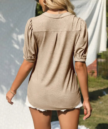 Women's Casual V-neck Solid Color Puff Sleeve Loose T-Shirt