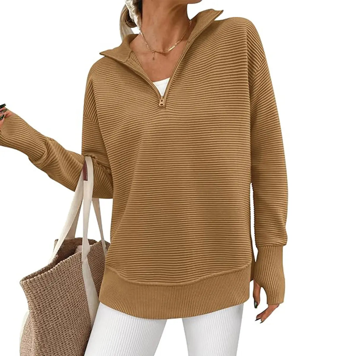 Hot Sale-Women Oversized Half Zip Collar Vertical Rib Long Sleeve Knit Top