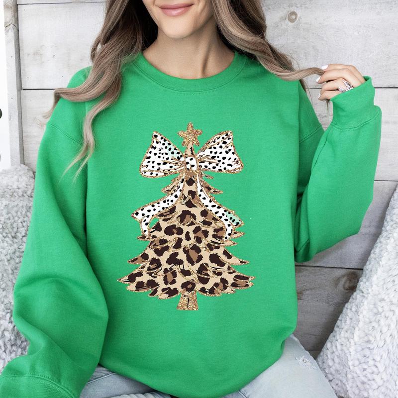 Leopard Print Christmas Tree Crewneck Sweatshirt (Buy 2 Free Shipping)