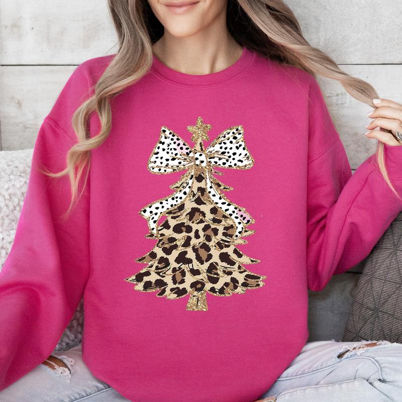 Leopard Print Christmas Tree Crewneck Sweatshirt (Buy 2 Free Shipping)
