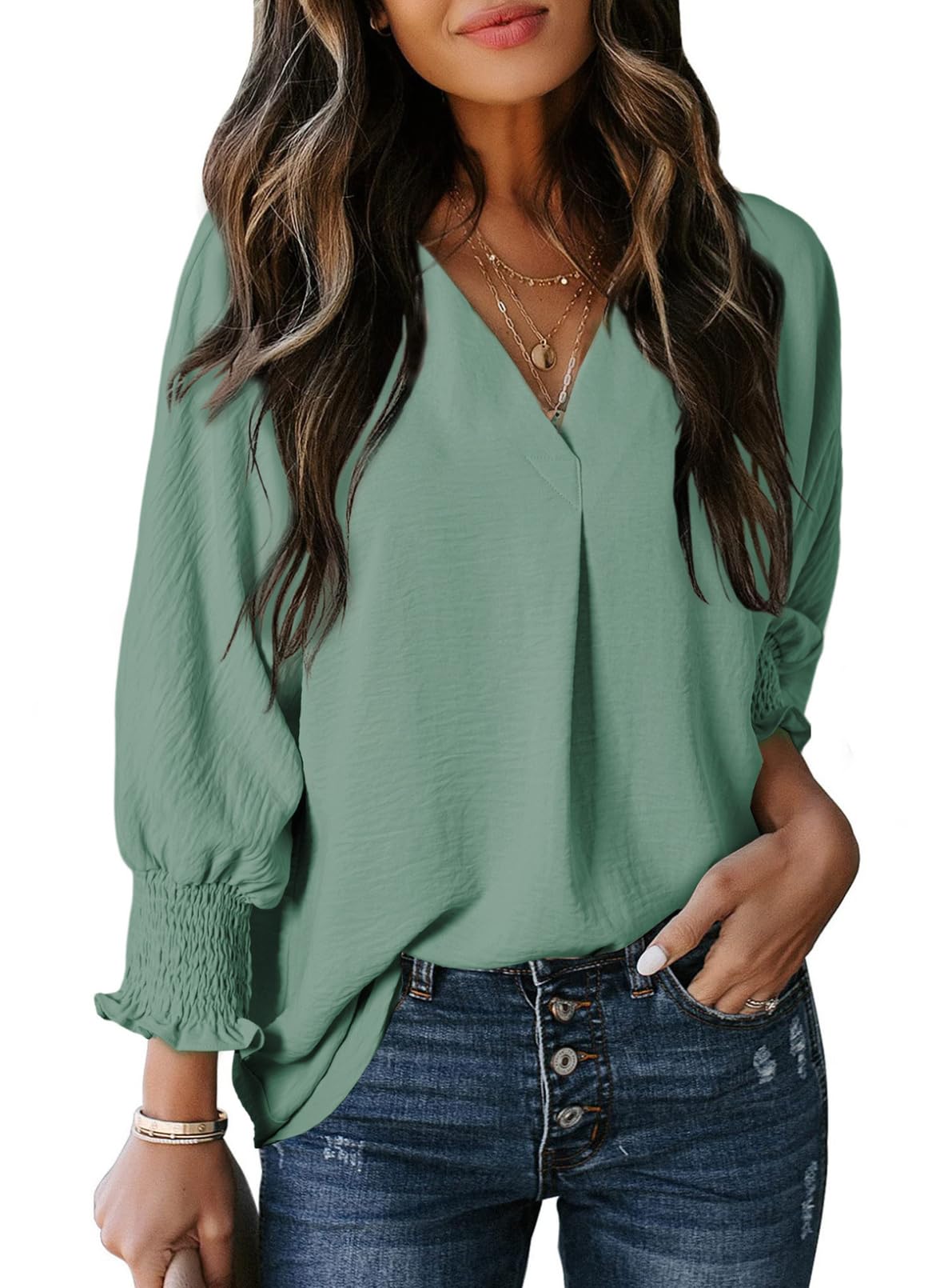 Limited time sale 🔥Womens Casual 3/4 Sleeve V Neck Loose Fit Basic Tees