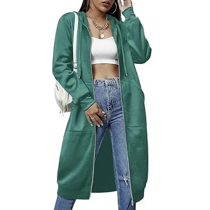 Women Oversized Full Zip Long Length Hooded Jacket with Side Pockets