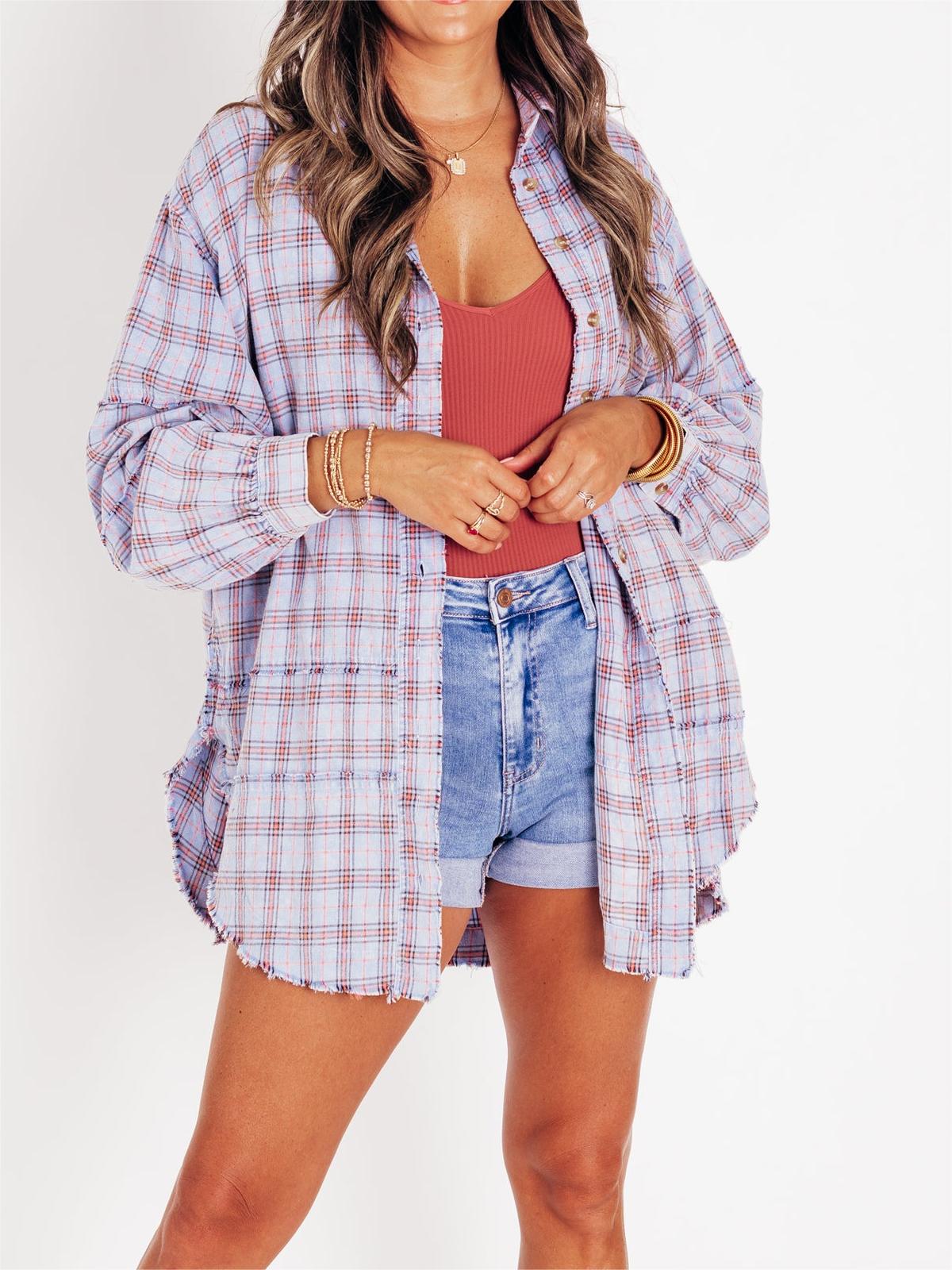 Women's Mineral Washed Button Down Plaid Flannel Shirt (Buy 2 Free Shipping)