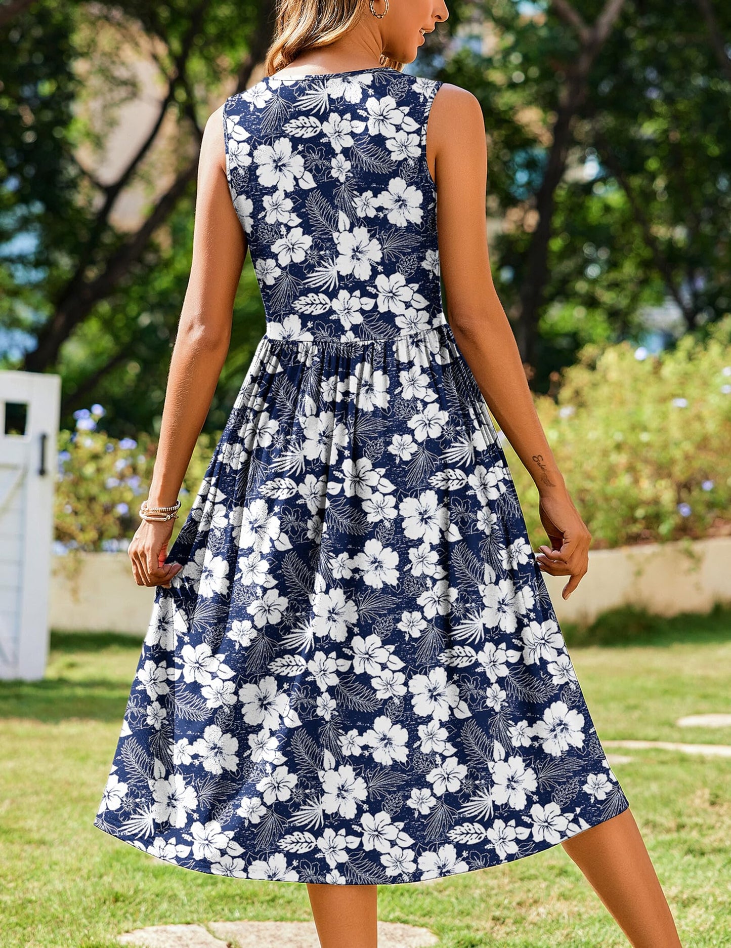 Women's Summer Floral Sleeveless A-Line Tank Midi Dress with Pockets