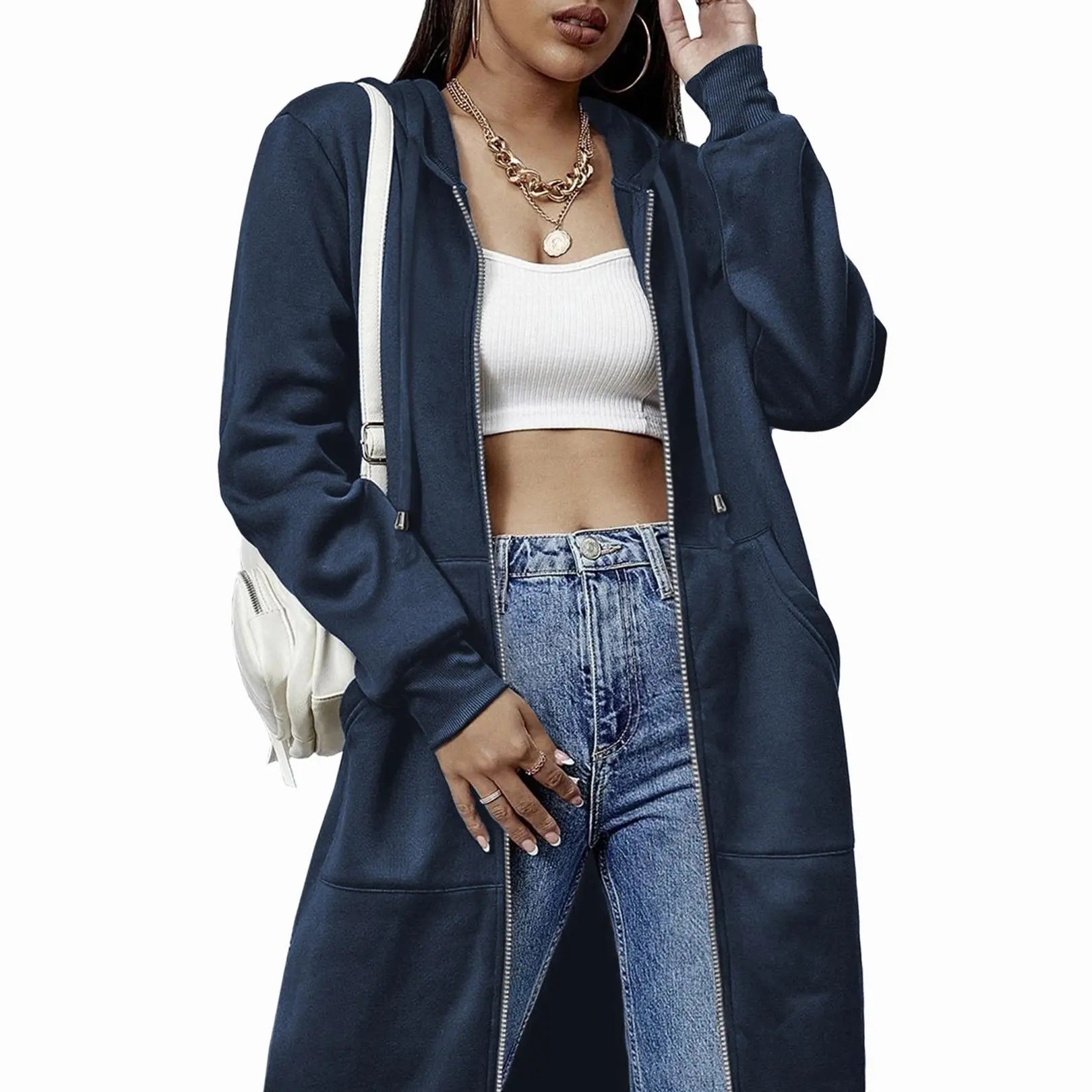 Women Oversized Full Zip Long Length Hooded Jacket with Side Pockets