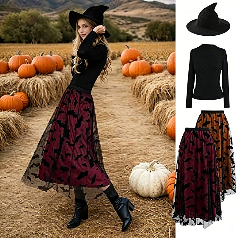 Halloween Bat Mesh Midi Skirt