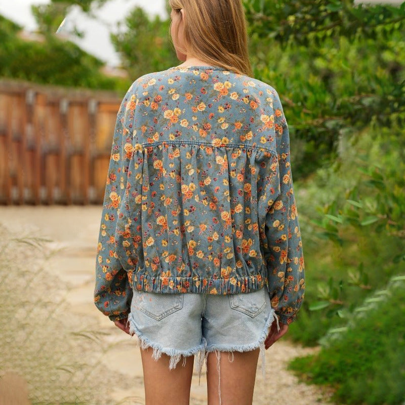Women Spring Fall Oversized Jean Jacket Trendy Lightweight Y2K Floral Denim Bomber Jacket Coat（BUY 2 FREE SHIPPING)