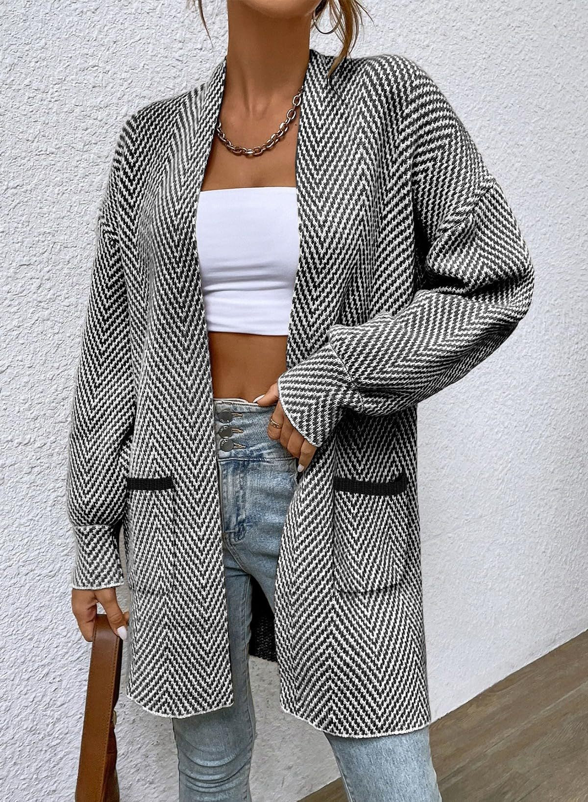 Women Herringbone Open Front Mid‑Length Knit Cardigan With Pockets