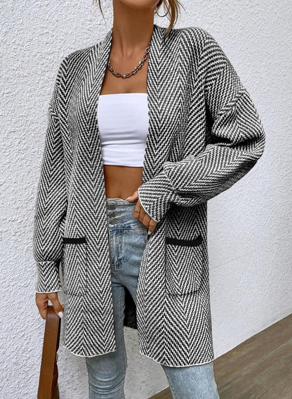 Women Herringbone Open Front Mid‑Length Knit Cardigan With Pockets