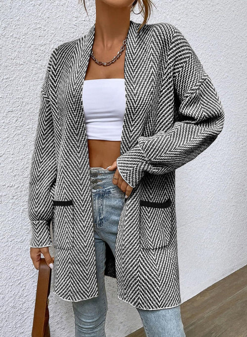 Women Herringbone Open Front Mid‑Length Knit Cardigan With Pockets
