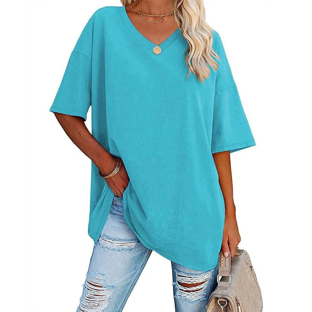 WOMENS LOOSE FASHION V-NECK TOP SHORT & LONG OPTION