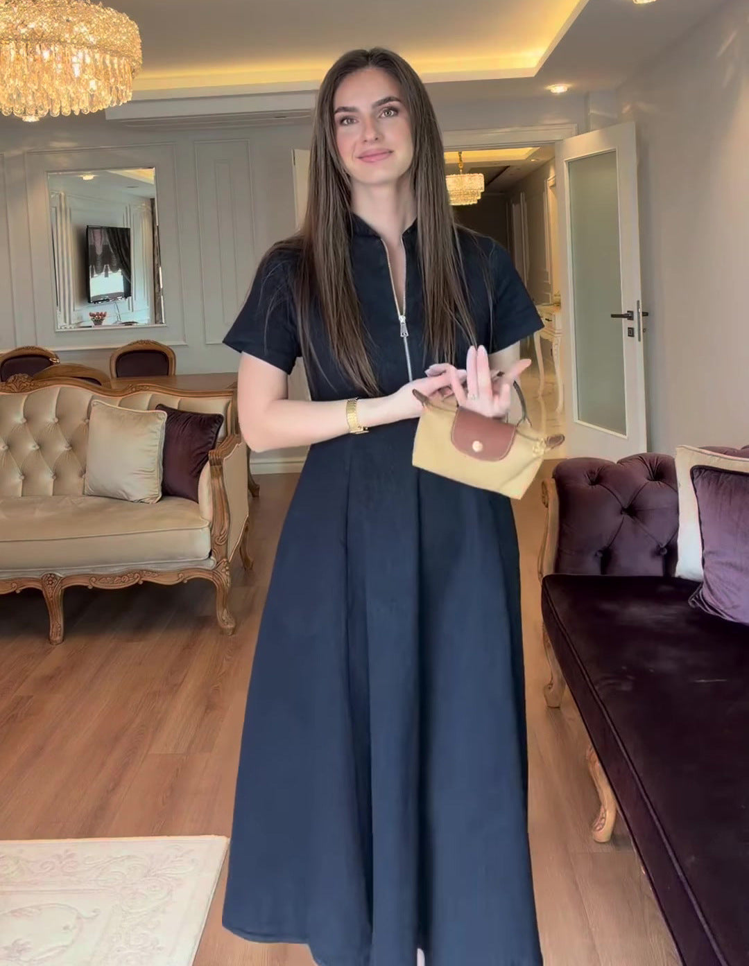 2026 New Style Half-Open Neck Short-Sleeve Slim Waist Full Skirt Dress