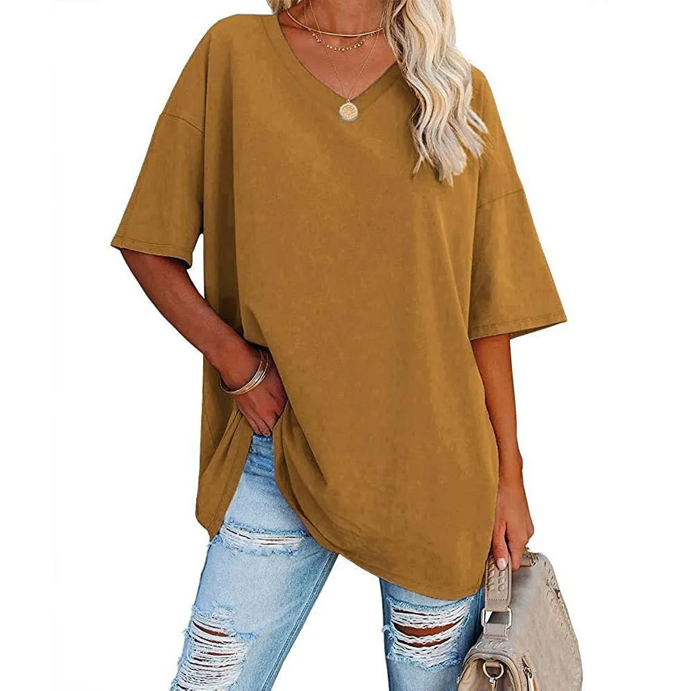 HOT SALE-WOMENS LOOSE FASHION V-NECK TOP SHORT & LONG OPTION