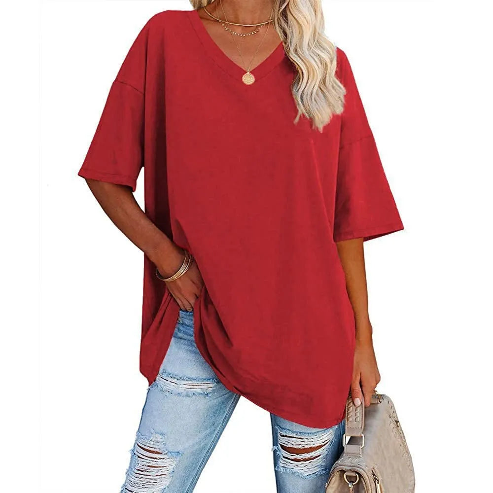 HOT SALE-WOMENS LOOSE FASHION V-NECK TOP SHORT & LONG OPTION
