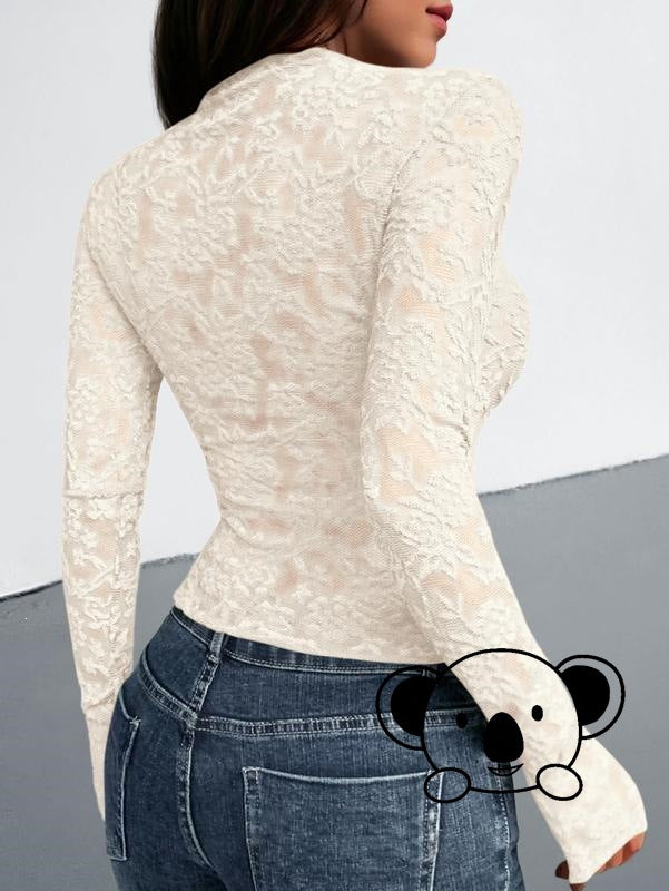 Textured Lace Mesh Long Sleeve Top