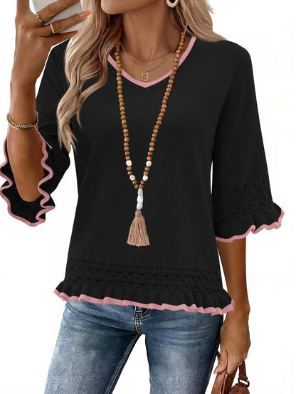 Feminine V-Neck Knit Blouse, Lightweight Ruffle 3/4 Sleeve Casual Top