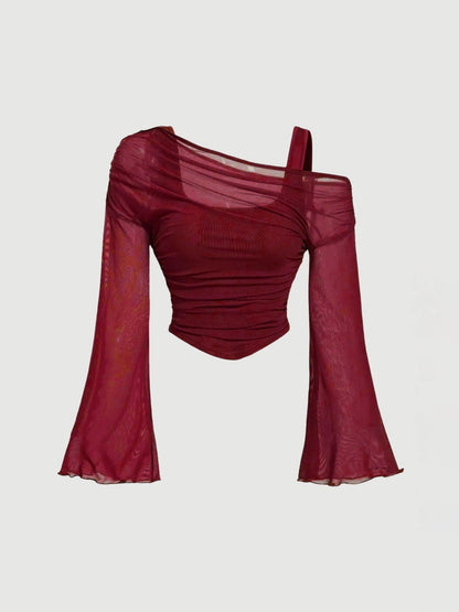 Ruched Sheer Mesh Off-Shoulder Top