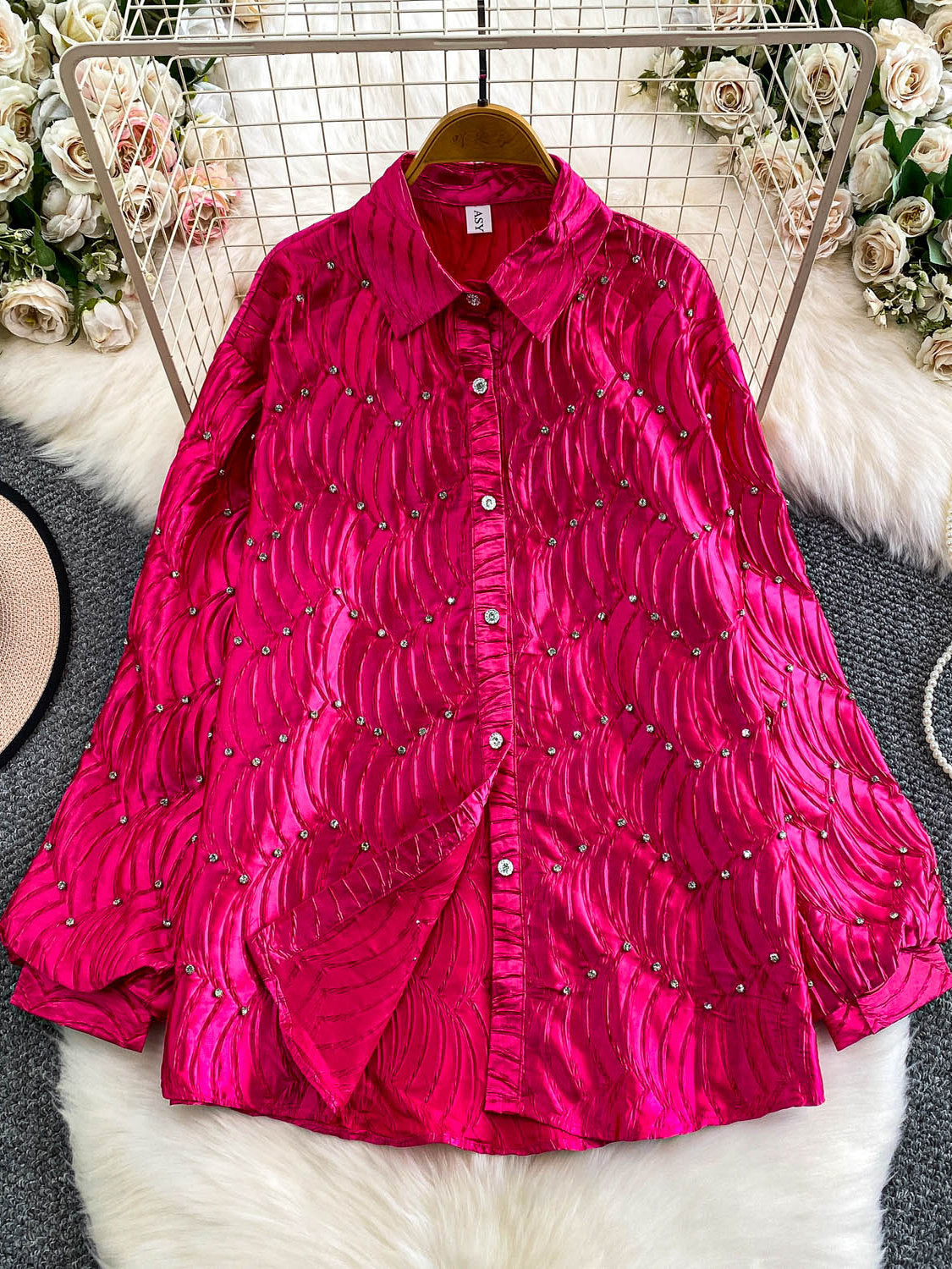 Silk satin textured water ripple pleated loose-fitting rhinestone long-sleeved shirt（BUY 2 FREE SHIPPING)